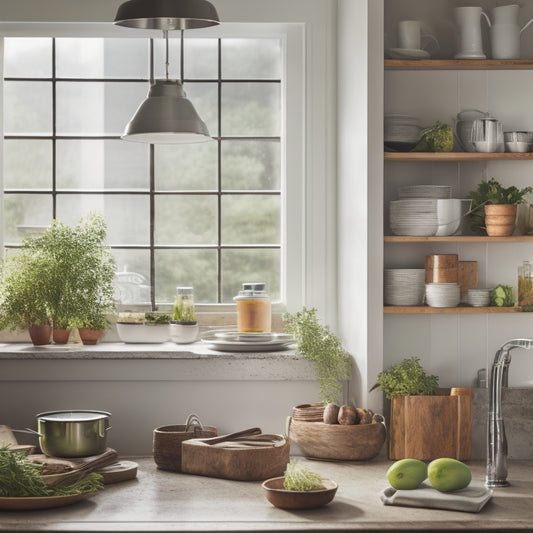 A tidy kitchen with a few, carefully arranged cookbooks and utensils on a minimalist countertop, surrounded by empty shelves and a few potted herbs, with a subtle natural light filtering in.
