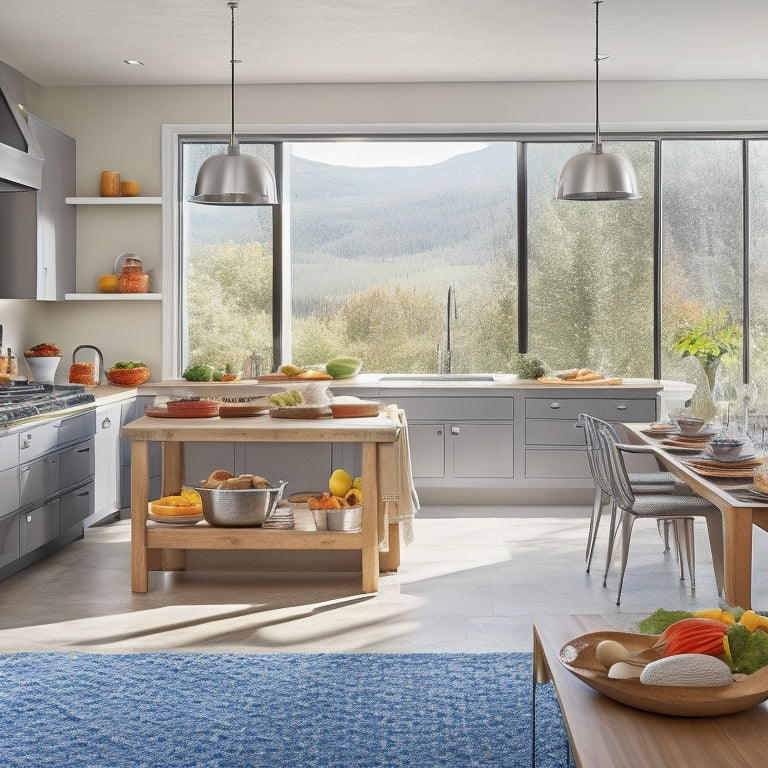 A spacious, modern kitchen with sleek, stainless steel roll-out trays filled with colorful ingredients, large pots, and utensils. Natural light pours in through wide windows, illuminating a warm, inviting family dining area nearby.