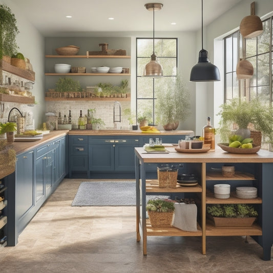 A contemporary kitchen island featuring sleek, pull-out drawers, open shelving with decorative baskets, and a built-in wine rack, surrounded by modern stools and vibrant potted herbs, all bathed in warm, natural light.