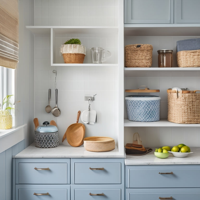 A bright, modern kitchen with sleek countertops and a minimalist aesthetic, featuring a repurposed hanging shoe organizer on the back of a cabinet door and a stack of woven baskets on a shelf.