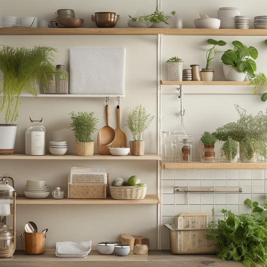 A serene, well-organized kitchen with open shelves, a utensil organizer, and a pegboard, featuring a few, carefully placed, elegant cookbooks and a small potted herb plant, against a soft, creamy background.
