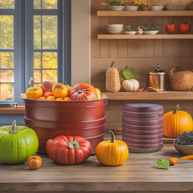 A vibrant kitchen scene featuring colorful stackable containers in various sizes, filled with seasonal ingredients like pumpkins, apples, and spices, set against a rustic wooden countertop surrounded by autumn leaves and warm lighting.