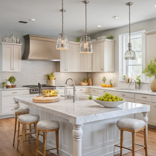 A bright, airy kitchen with stainless steel appliances, white quartz countertops, and light wood cabinets, featuring a statement island with pendant lights and a few strategically placed decorative vases.