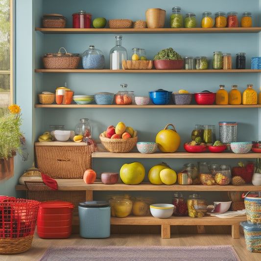 A colorful kitchen with open shelves displaying an assortment of decorative storage containers, baskets, and jars in various shapes and sizes, filled with fresh fruits, vegetables, and kitchen utensils.
