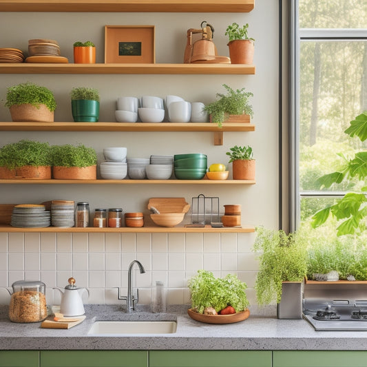 A modern rental kitchen featuring sleek, adjustable shelf inserts filled with organized spices, dishes, and cookbooks, complemented by a bright window showcasing greenery, creating a stylish and functional storage solution.