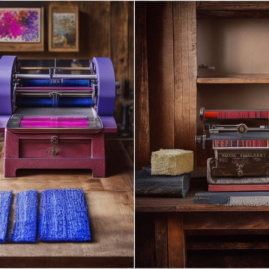 A split-screen image featuring a traditional woodblock printing press on the left, with rustic wooden blocks and ink-stained rollers, alongside a modern inkjet printer on the right, with sleek metal bodies and vibrant color cartridges.