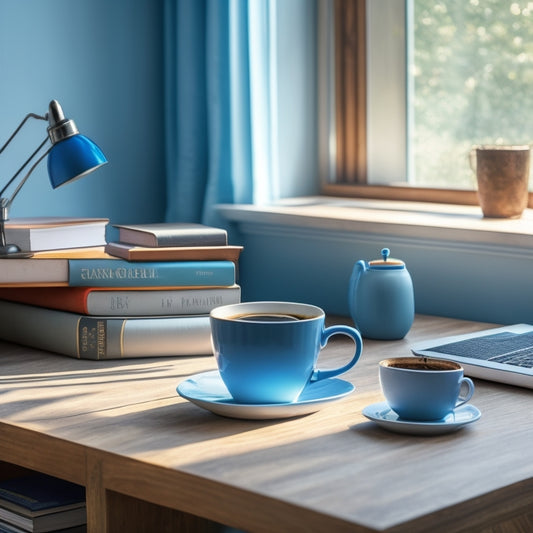 A serene, clutter-free study desk with a neatly arranged stack of books, a opened laptop, and a cup of steaming coffee, set against a calming blue background with subtle grid patterns.