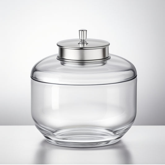 A luxurious, transparent glass canister with a sleek, silver lid and a rounded body, set against a pure white background, with soft, diffused lighting highlighting its refined curves and edges.