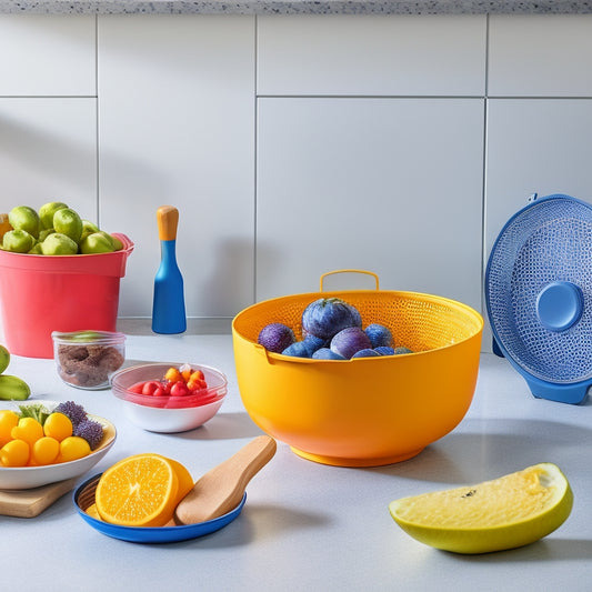 A compact kitchen scene showcasing sleek, multi-functional gadgets: a collapsible colander, a nesting measuring cup set, and a space-saving utensil holder, all surrounded by vibrant fruits and vegetables on a modern countertop.