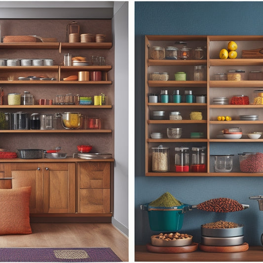 A split image showcasing a sleek, wooden Lazy Susan cabinet filled with colorful spices on one side, and on the other, elegant pull-out shelves displaying organized kitchen gadgets and utensils, surrounded by warm, inviting kitchen decor.
