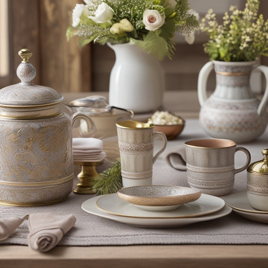 A beautifully styled, rustic wooden table setting featuring a vintage ceramic canister set in soft, muted colors with ornate floral patterns and delicate golden accents.