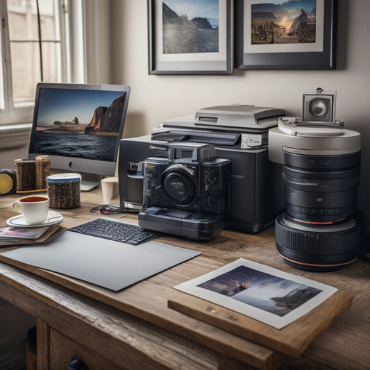 A clutter-free workspace with a high-end photo printer, a laptop, and a stack of printed photos in various sizes, surrounded by camera equipment and editing tools, with soft, warm lighting.