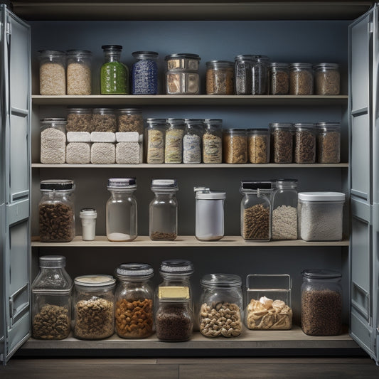 A serene, organized emergency pantry with stacked, airtight containers filled with various ReadyWise meals, surrounded by lanterns, first aid kits, and a water filtration system, against a calm, natural background.