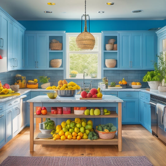 A bright, modern kitchen with sleek countertops, organized cabinets, and a large island in the center, featuring a neatly arranged inventory of colorful fruits, vegetables, and canned goods.