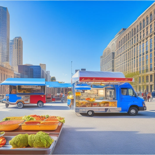 A bustling mobile food truck parked in a vibrant city square, with a sleek, stainless steel commissary kitchen in the background, surrounded by colorful ingredients and utensils, under a bright blue sky.