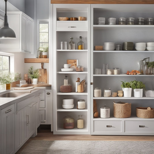 A clean, modern kitchen scene showcasing a step-by-step installation of sliding pantry shelves, featuring tools like a drill and screws, wooden shelves gliding effortlessly, and neatly organized jars and spices.