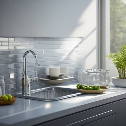 A sleek, modern dish drainer with tiered levels, nestled beside a small sink, surrounded by minimalistic kitchen decor. Sunlight filters through a window, casting soft shadows on the glossy countertop.