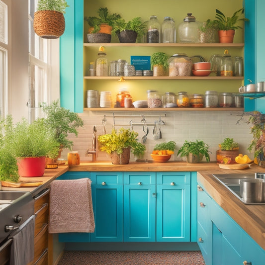 A cozy tiny kitchen featuring sleek, vertical countertop storage solutions, organized jars, colorful spice containers, and hanging utensils, all complemented by warm lighting and vibrant potted herbs, creating an inviting and space-efficient atmosphere.