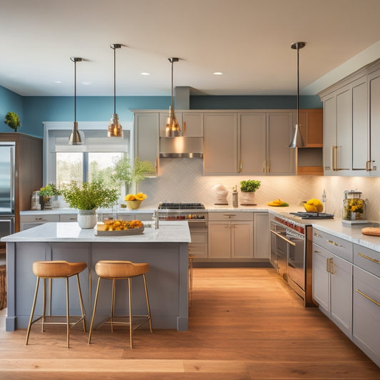 A bright, modern kitchen with sleek cabinetry, a central island, and a galley-style layout, featuring a stainless steel sink, gas range, and pendant lighting, surrounded by minimalist decor.