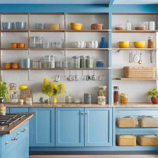 A modern kitchen featuring sleek adjustable shelf inserts in a vibrant cabinetry, filled with neatly organized spices, jars, and dishes; soft natural lighting highlighting the efficiency and versatility of the storage solution.