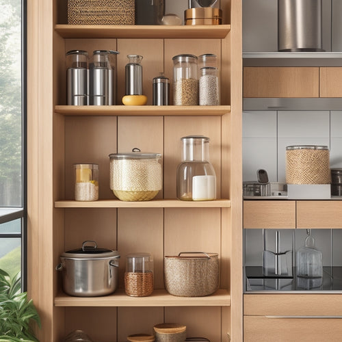 A sleek corner cabinet filled with organized kitchenware, featuring bamboo dividers, glass containers, and stainless steel racks, bathed in warm natural light, highlighting the textures and colors of each material harmoniously.