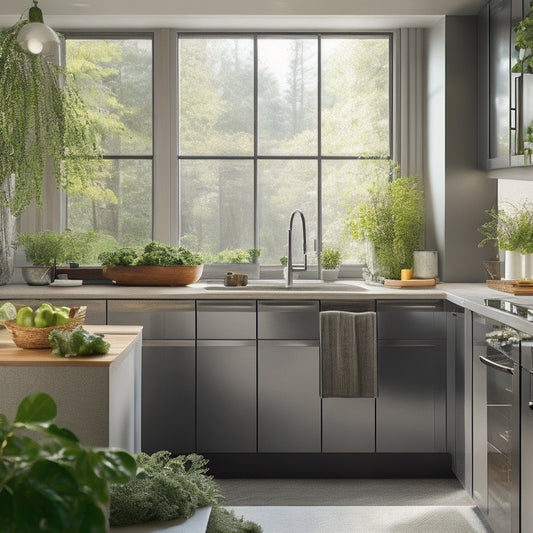 A sleek, modern kitchen featuring a dual-purpose dish drainer integrated with stylish storage compartments, showcasing neatly arranged dishes, utensils, and pots, surrounded by vibrant greenery and warm, natural light filtering through a window.