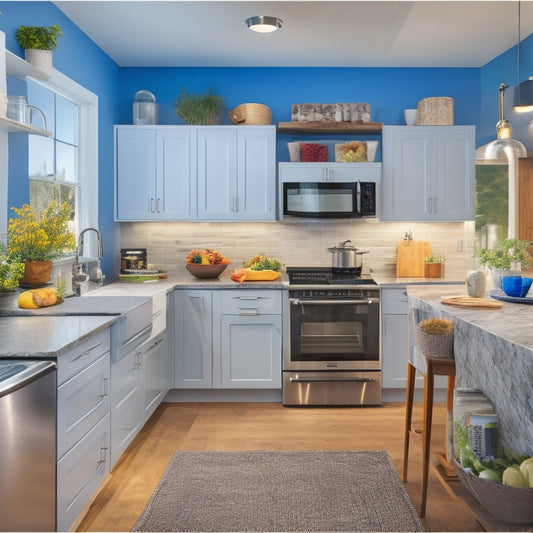 A bright, modern kitchen with sleek cabinets and countertops, featuring a laptop open to a digital course webpage, surrounded by organized cookbooks, utensils, and a tidy kitchen island.