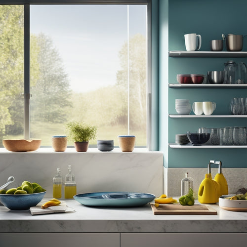 A sleek, modern kitchen with a compact, multi-tiered adjustable dish rack filled with colorful dishes, utensils, and drying glasses. Soft natural light filters through a window, highlighting the organized space and minimalist decor.