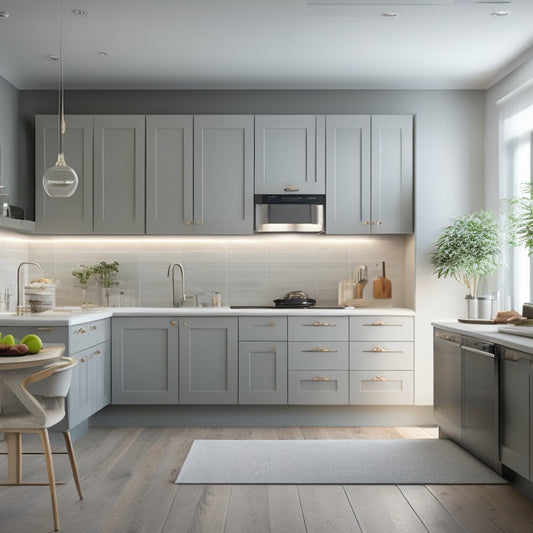 A serene, well-lit small kitchen with sleek, handle-less cabinets, a compact island with built-in sink, and a few, carefully-placed, minimalist decorative accents, surrounded by plenty of negative space.