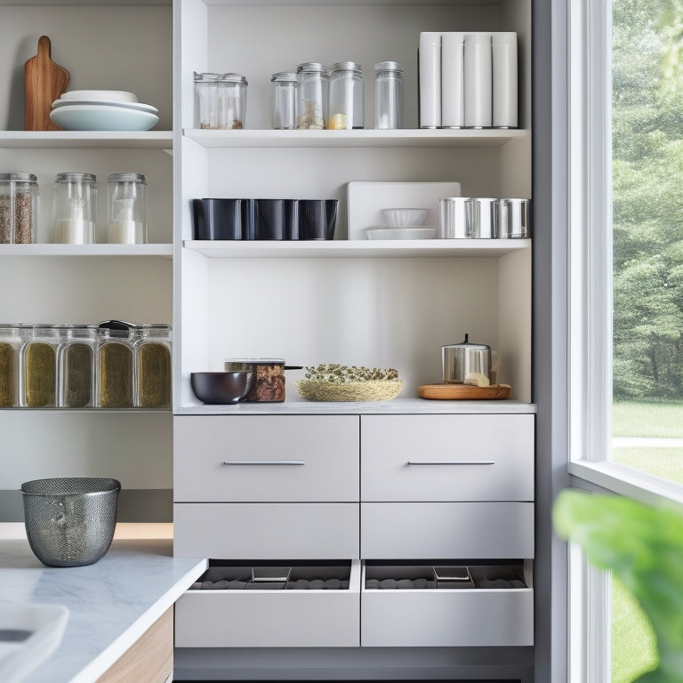 A sleek, modern kitchen featuring elegant compact cabinet organizers with neatly arranged spices, utensils, and dishware. Soft, natural light streams through a window, highlighting the minimalist aesthetic and clean lines of the cabinetry.