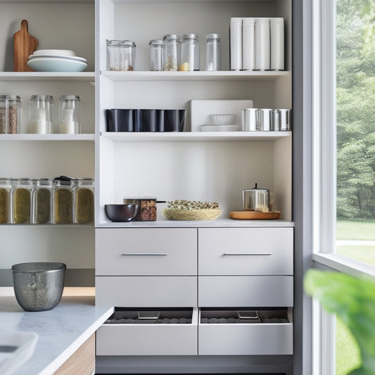 A sleek, modern kitchen featuring elegant compact cabinet organizers with neatly arranged spices, utensils, and dishware. Soft, natural light streams through a window, highlighting the minimalist aesthetic and clean lines of the cabinetry.