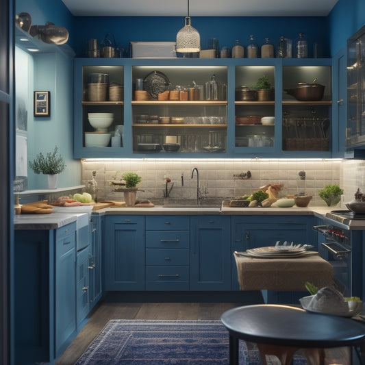 A dimly lit, cramped galley kitchen with sleek, modern appliances, cluttered countertops, and overflowing shelves, contrasted with a serene, organized version featuring pull-out drawers, wall-mounted racks, and a pegboard.