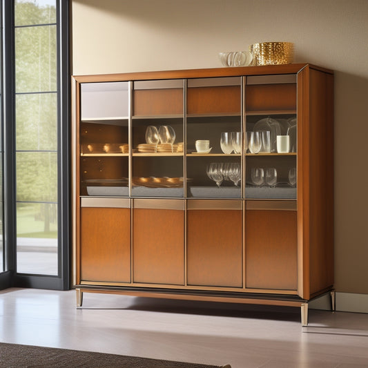 A sleek, modern buffet cabinet with a large, rectangular glass door, chrome hardware, and a rich, dark wood grain base, set against a neutral beige background with subtle shadows.