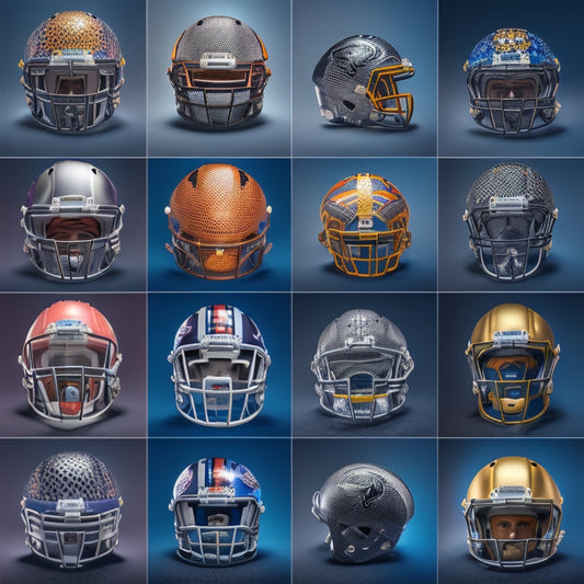 A grid of 32 NFL team helmet designs, each adorned with a unique, intricately embroidered skull motif in metallic threads, set against a dark, gradient background with subtle grid lines.