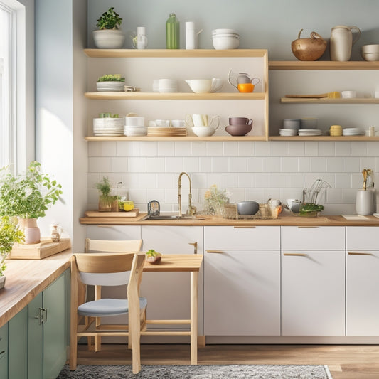 A minimalist small kitchen, featuring neatly arranged open shelves with colorful dishware, a compact dining nook with a wooden table and stools, and organized drawers showcasing utensils, all bathed in soft, natural light.