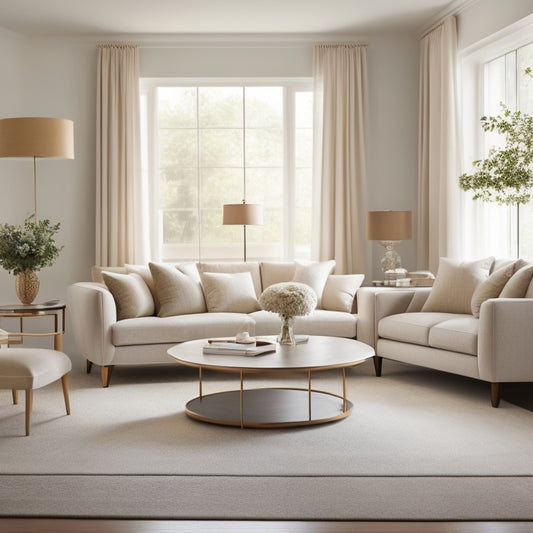 A serene, light-filled room with a plush sectional sofa in a neutral tone, angled to create a conversational circle, surrounded by a minimalist coffee table and two accent chairs in complementary hues.