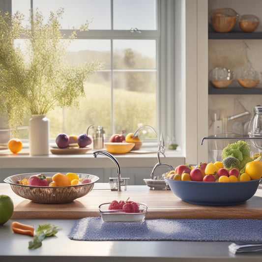 A modern kitchen scene featuring a flexible dish drainer, elegantly arranged with colorful dishes, fruits, and utensils, surrounded by natural light streaming through a window, highlighting the versatility and functionality of the drainer.