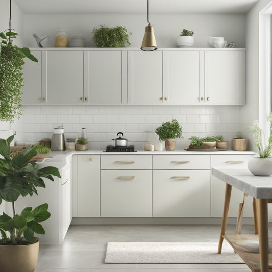 A serene, modern kitchen with sleek, white cabinets, a large island, and a minimalist backsplash, featuring a few, carefully-placed, decorative kitchen utensils and a small, potted herb plant.