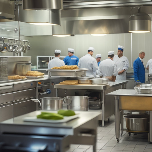 A bustling commercial kitchen with stainless steel countertops, shiny utensils, and rows of industrial equipment, featuring a clipboard with a checklist and a magnifying glass examining a permit document.