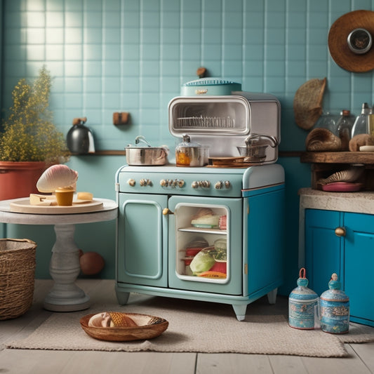 A whimsical, miniature kitchen scene featuring a dollhouse-sized retro-style refrigerator crafted from a vintage metal lunchbox, alongside a toaster made from a recycled wooden spool and a sink built into a polished seashell.