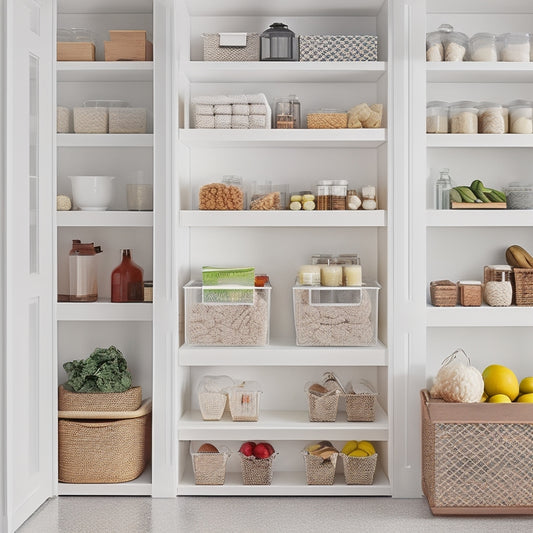 A bright, organized pantry with categorically arranged shelves, clear storage bins, and a few fresh produce baskets, set against a clean white background with soft, natural light.