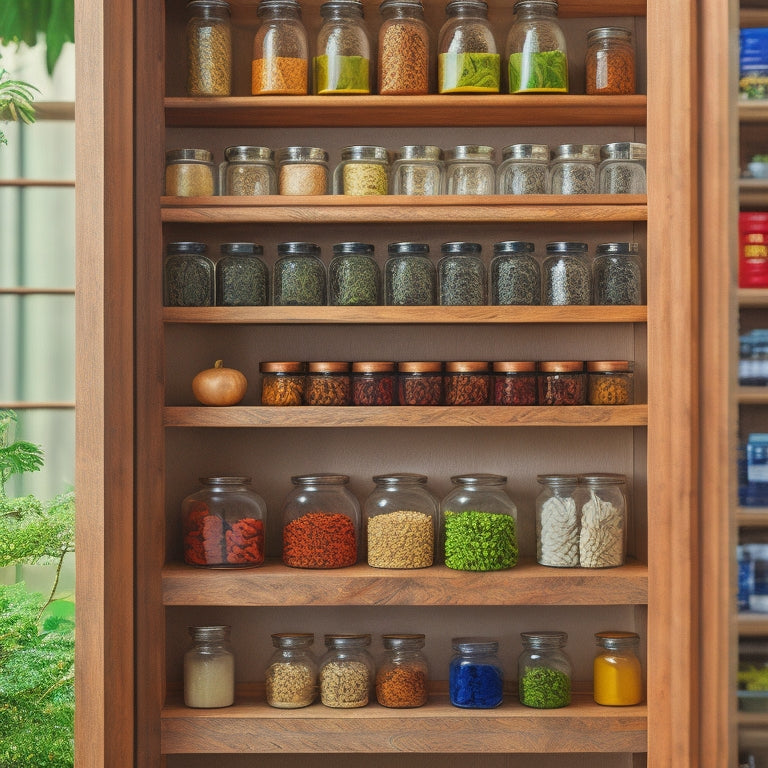 A beautifully organized tall cabinet showcasing vertical spice storage, featuring clear jars with colorful spices, wooden shelves, and a touch of greenery, all bathed in warm natural light for an inviting atmosphere.