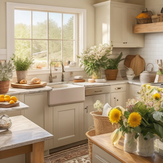 A warm, natural-light-filled kitchen with cluttered countertops, overflowing cabinets, and a messy sink area, contrasted with a clean and organized island in the center, with a few neatly arranged cookbooks and a vase with fresh flowers.