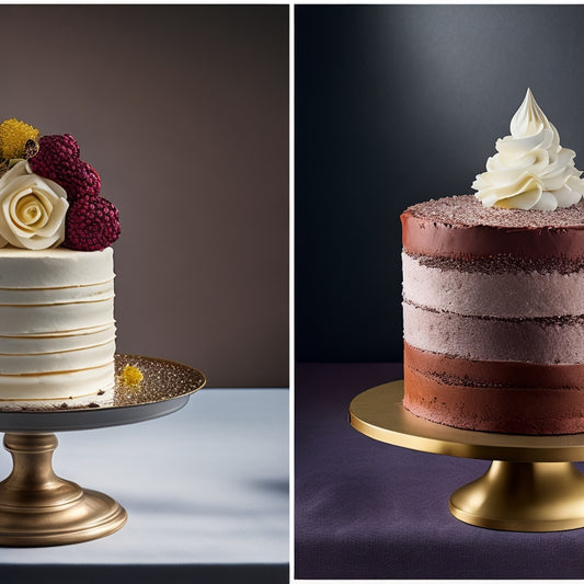 A split-screen image featuring a cake with a flawless, smooth edible image on one side and a cake with a wrinkled, air-bubbled edible image on the other, both on decorative pedestals.