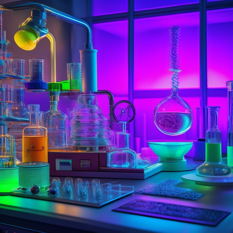 A vibrant, futuristic laboratory scene with various scientific equipment, colorful beakers, and a large, glowing DNA double helix model in the center, surrounded by swirling patterns of atoms and molecules.