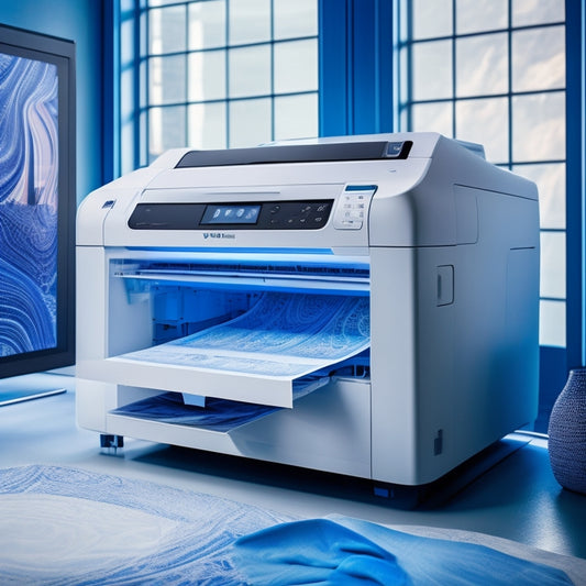 A futuristic, sleek white printer with glowing blue accents and a large, curved glass screen, surrounded by vibrant, swirling fabric designs and colorful threads, amidst a minimalist, industrial-style background.