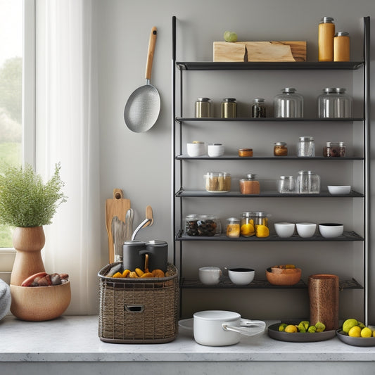 A sleek, modern kitchen with minimalistic countertop storage solutions: tiered spice racks, wall-mounted magnetic knife holders, woven baskets for fruits, and elegant jars for utensils, all set against a bright, airy backdrop.