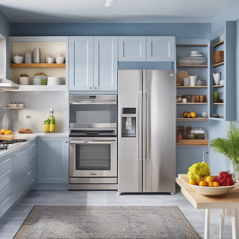 A modern kitchen with sleek countertops, a stainless steel refrigerator, and a wall-mounted rack featuring 5 adjustable shelves, holding various cookbooks, utensils, and dinnerware, against a light gray background.