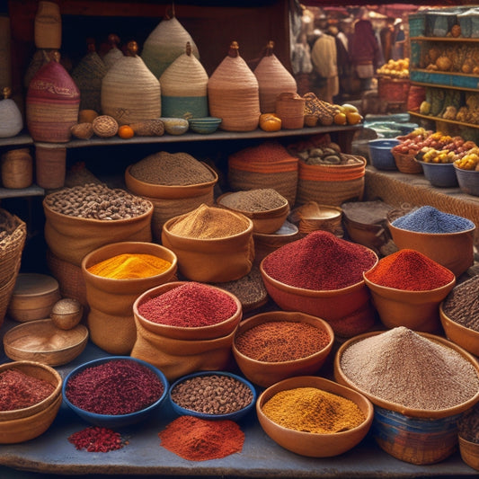 A vibrant, colorful illustration of a bustling marketplace in the Middle East or Africa, with various food storage containers, baskets, and sacks overflowing with exotic spices, grains, and dried fruits.