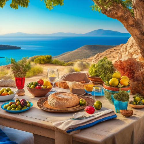 A vibrant, sun-kissed Mediterranean landscape with a wooden table at its center, laden with fresh produce, olives, feta cheese, whole grain bread, and a few simple, yet elegant, dinner plates.